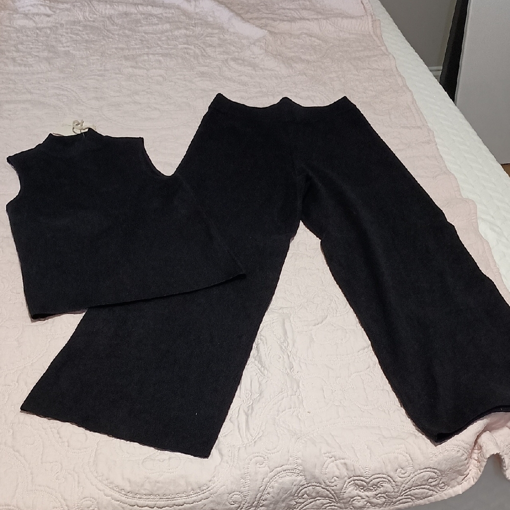 Marled Black Knit Pantsuit Two-Piece Set
